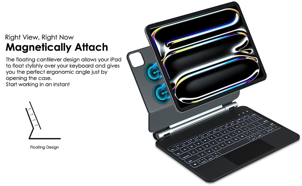 Tablet keyboard case with magnetic attachment feature, showing floating cantilever design for ergonomic typing angle and dark finish.
