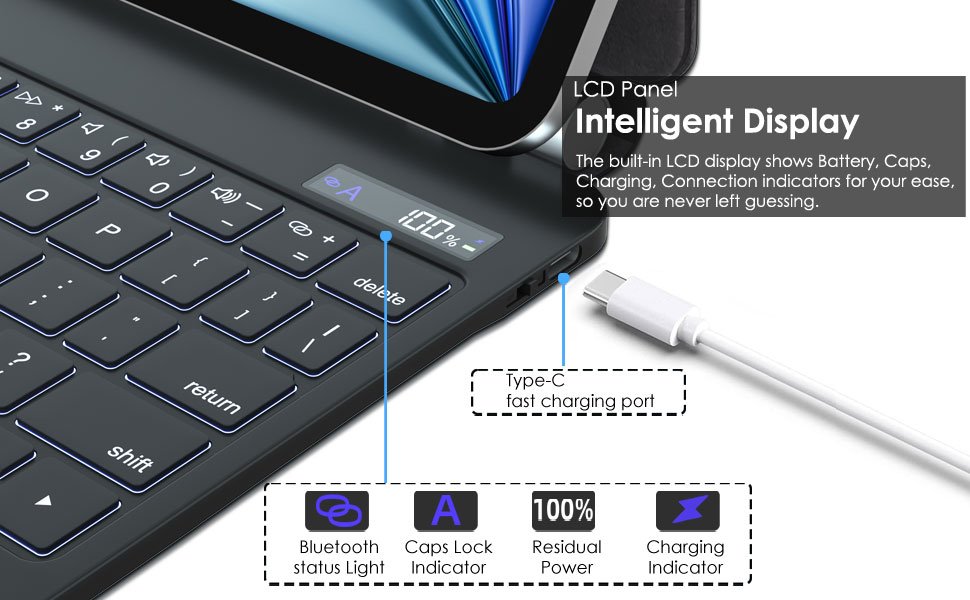 Tablet keyboard interface featuring intelligent LCD display, Bluetooth connectivity, caps lock, and charging port indicators with stylus pen.
