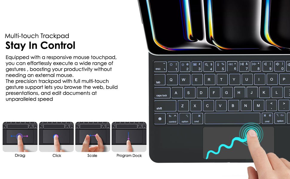 Laptop keyboard with illuminated keys and trackpad. Text highlights multi-touch capabilities. Four icons show different trackpad functions.
