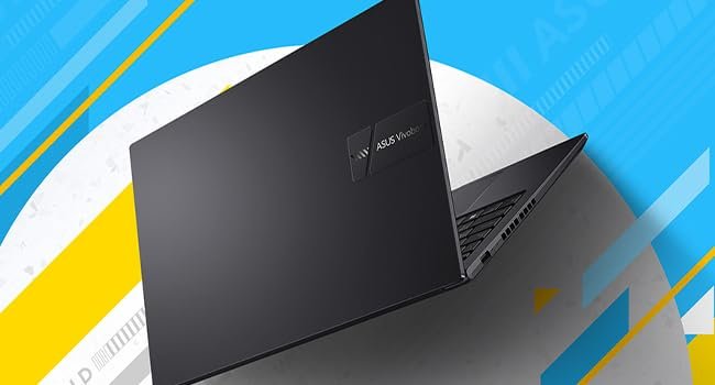 Slim black laptop shown at an angle against blue and yellow geometric background design.