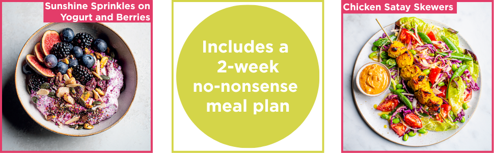 Collection of colorful food photography showing various plated dishes, appears to be part of a recipe or menu layout design.